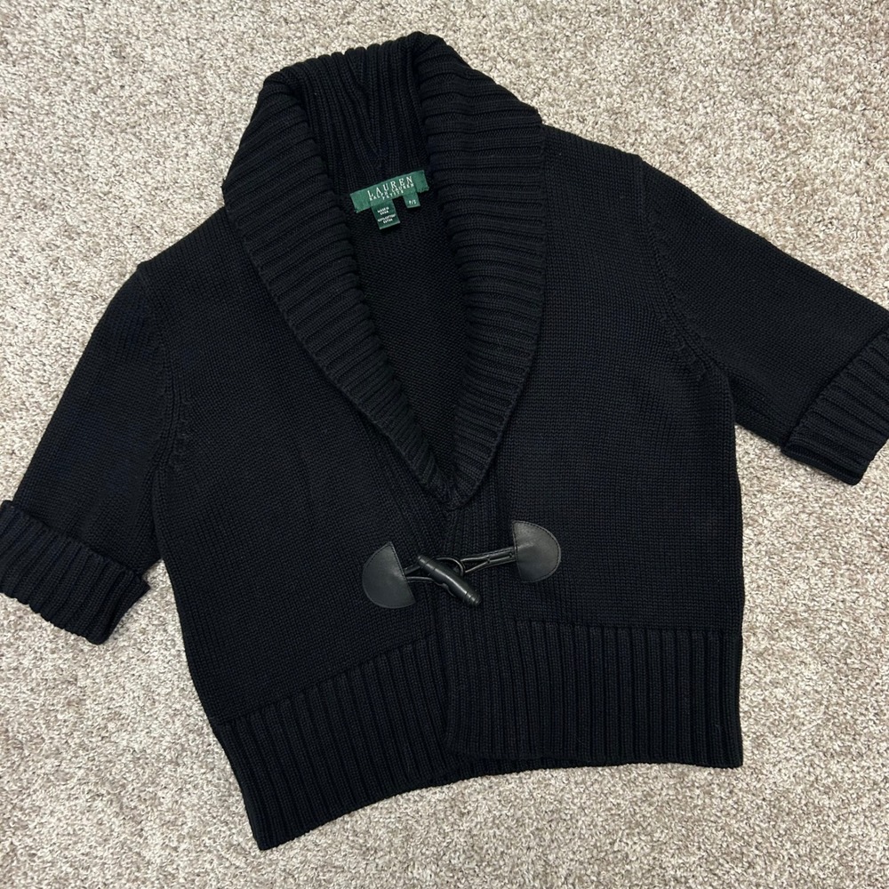 Lauren Ralph Lauren Short Sleeve Cardigan Sweater‎ Women Size Petite Small Black